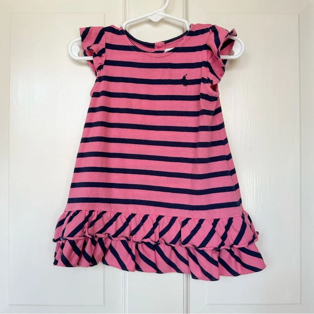 Ralph Lauren 12M Striped Ruffle Dress & Bloomers Pink Navy